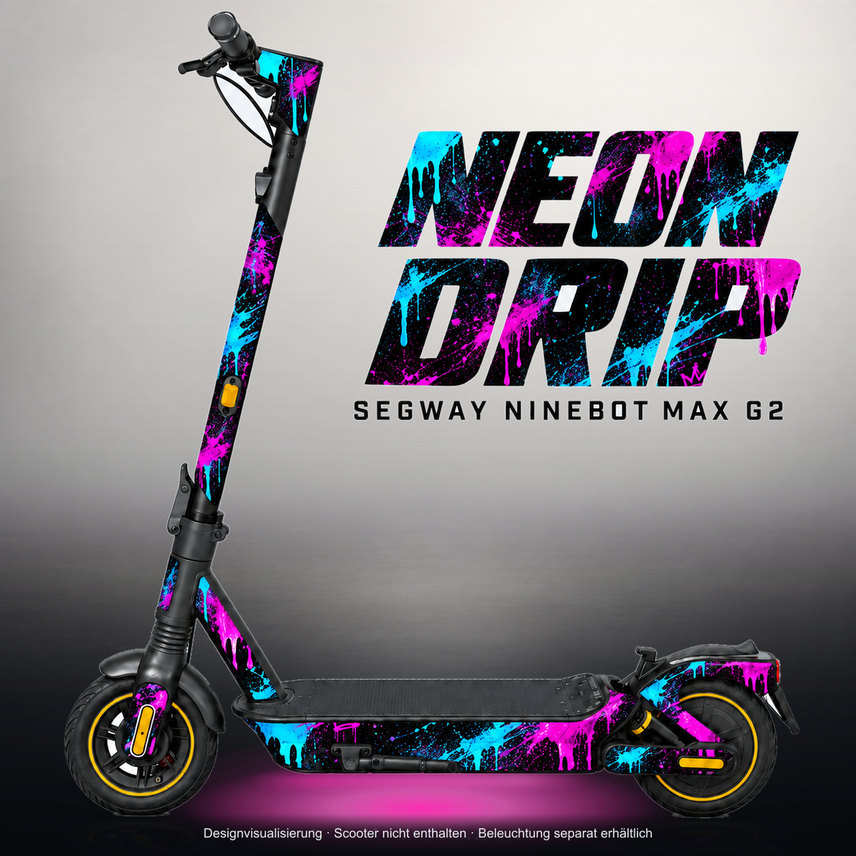 SEGWAY NINEBOT G2 MAX SKIN | NEON DRIP – Studiofoto mit Licht in der Skinfarbe; Scooter und Beleuchtung separat erhältlich