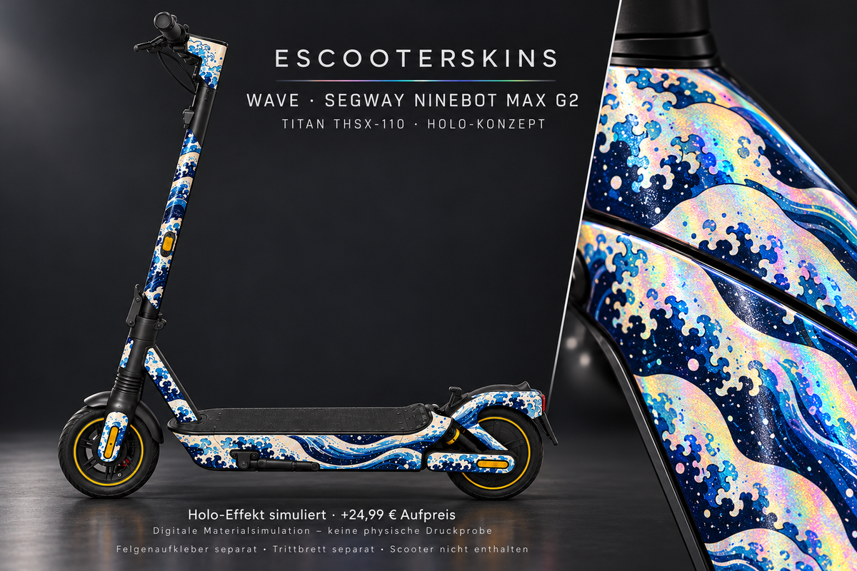 SEGWAY NINEBOT G2 MAX SKIN | WAVE – Holo-Effekt simuliert; +24,99 EUR Aufpreis. Digitale Materialsimulation, keine physische Druckprobe. Nur Body-Skin; Trittbrett und Felgenaufkleber separat; Scooter nicht enthalten.