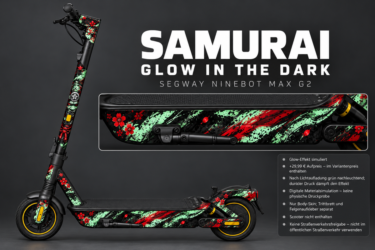 SAMURAI – Glow-Angebotsbild, Effekt simuliert. +29,99 € Aufpreis im Variantenpreis enthalten. Digitale Materialsimulation, keine physische Druckprobe. Nur Body-Skin; Trittbrett und Felgenaufkleber separat; Scooter nicht enthalten. Keine Straßenverkehrsfreigabe – nicht im öffentlichen Straßenverkehr verwenden.