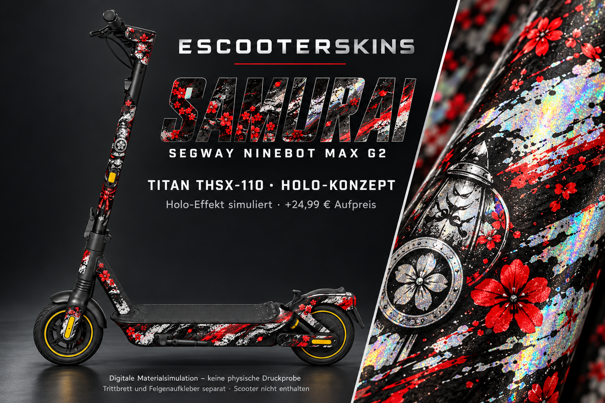 SEGWAY NINEBOT G2 MAX SKIN | SAMURAI – Holo-Effekt simuliert; +24,99 EUR Aufpreis. Digitale Materialsimulation, keine physische Druckprobe. Nur Body-Skin; Trittbrett und Felgenaufkleber separat; Scooter nicht enthalten.