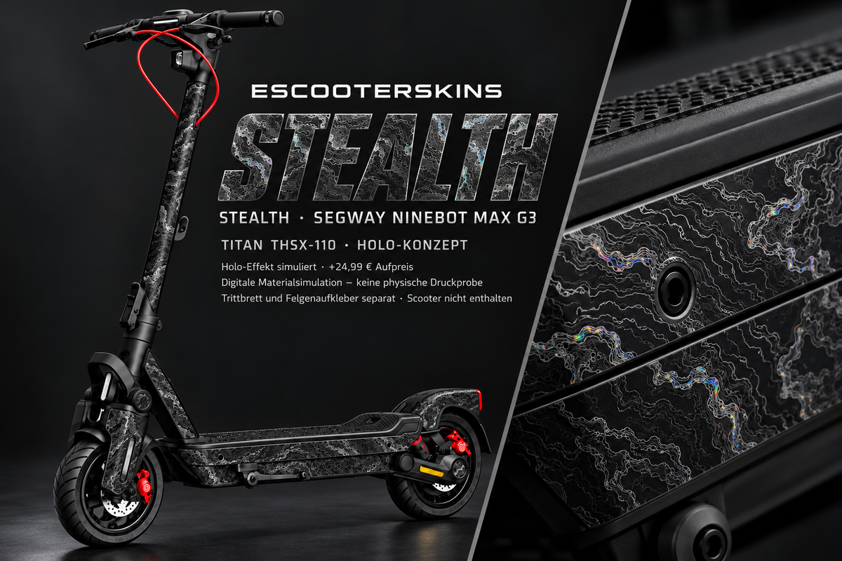 SEGWAY NINEBOT G3 / G3 D / G3 E SKIN | STEALTH – Holo-Effekt simuliert; +24,99 EUR Aufpreis. Digitale Materialsimulation, keine physische Druckprobe. Nur Body-Skin; Trittbrett und Felgenaufkleber separat; Scooter nicht enthalten.