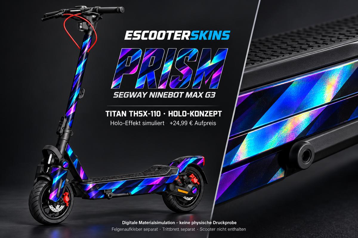 SEGWAY NINEBOT G3 / G3 D / G3 E SKIN | PRISM – Holo-Effekt simuliert; +24,99 EUR Aufpreis. Digitale Materialsimulation, keine physische Druckprobe. Nur Body-Skin; Trittbrett und Felgenaufkleber separat; Scooter nicht enthalten.