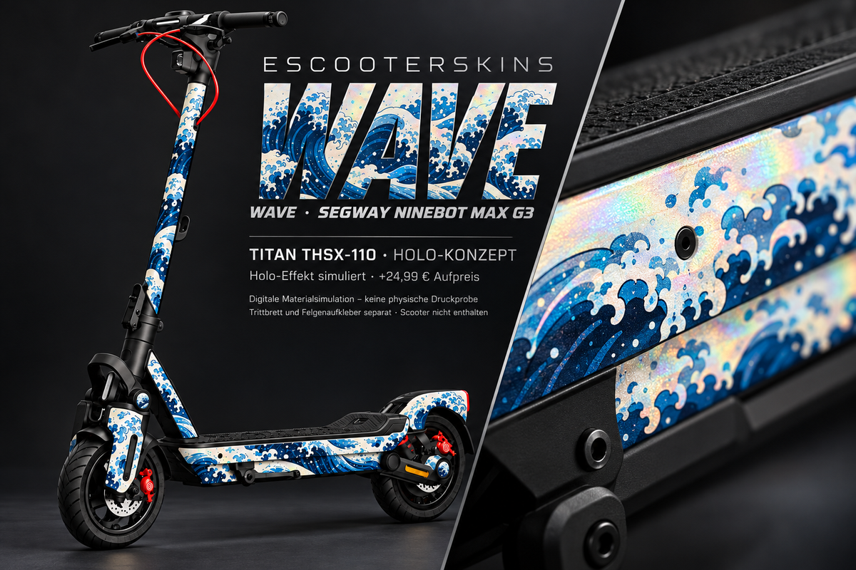 SEGWAY NINEBOT G3 / G3 D / G3 E SKIN | WAVE – Holo-Effekt simuliert; +24,99 EUR Aufpreis. Digitale Materialsimulation, keine physische Druckprobe. Nur Body-Skin; Trittbrett und Felgenaufkleber separat; Scooter nicht enthalten.