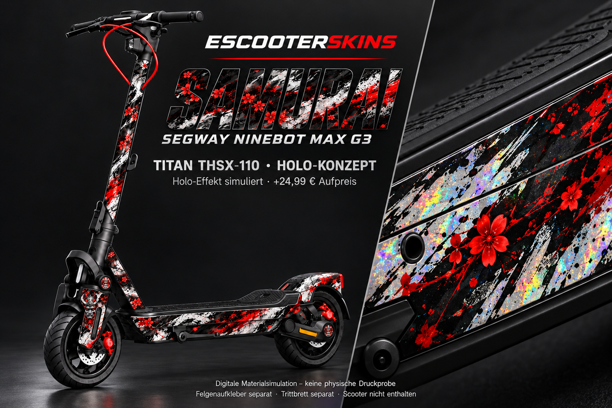 SEGWAY NINEBOT G3 / G3 D / G3 E SKIN | SAMURAI – Holo-Effekt simuliert; +24,99 EUR Aufpreis. Digitale Materialsimulation, keine physische Druckprobe. Nur Body-Skin; Trittbrett und Felgenaufkleber separat; Scooter nicht enthalten.