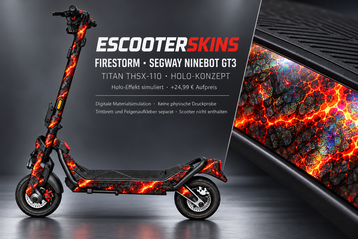 SEGWAY NINEBOT GT3 SKIN | FIRESTORM – Holo-Effekt simuliert; +24,99 EUR Aufpreis. Digitale Materialsimulation, keine physische Druckprobe. Nur Body-Skin; Trittbrett und Felgenaufkleber separat; Scooter nicht enthalten.