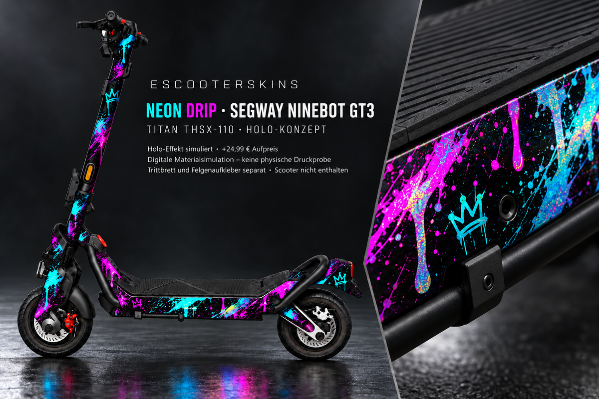 SEGWAY NINEBOT GT3 SKIN | NEON DRIP – Holo-Effekt simuliert; +24,99 EUR Aufpreis. Digitale Materialsimulation, keine physische Druckprobe. Nur Body-Skin; Trittbrett und Felgenaufkleber separat; Scooter nicht enthalten.