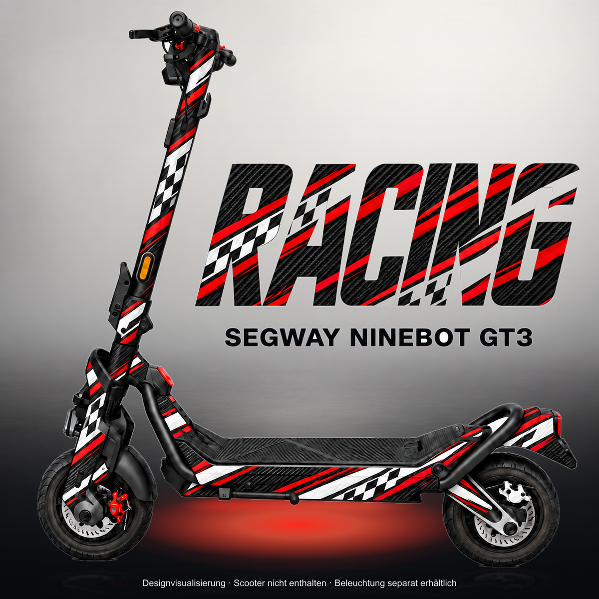 SEGWAY NINEBOT GT3 SKIN | RACING – Studiofoto mit Licht in der Skinfarbe; Scooter und Beleuchtung separat erhältlich