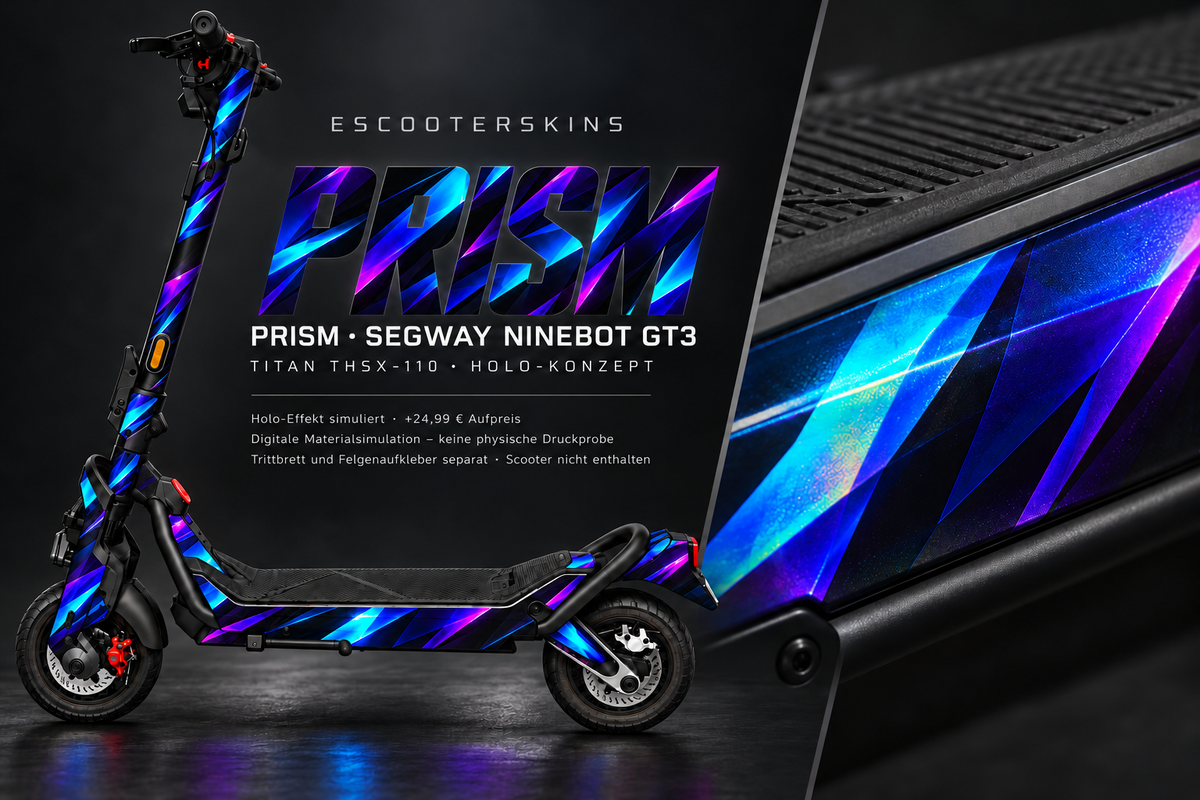 SEGWAY NINEBOT GT3 SKIN | PRISM – Holo-Effekt simuliert; +24,99 EUR Aufpreis. Digitale Materialsimulation, keine physische Druckprobe. Nur Body-Skin; Trittbrett und Felgenaufkleber separat; Scooter nicht enthalten.