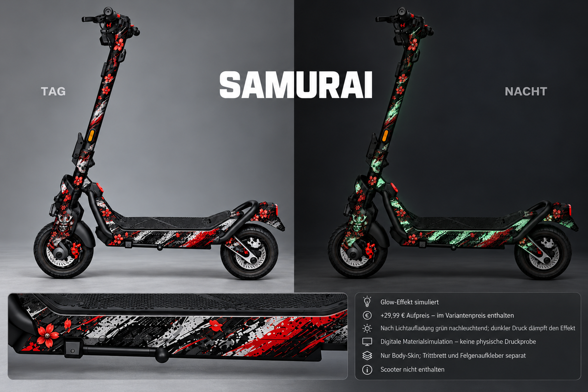 SAMURAI – Glow-Effekt simuliert, Tag/Nacht. +29,99 EUR Aufpreis im Variantenpreis enthalten. Digitale Materialsimulation, keine physische Druckprobe. Nur Body-Skin; Trittbrett und Felgenaufkleber separat; Scooter nicht enthalten.