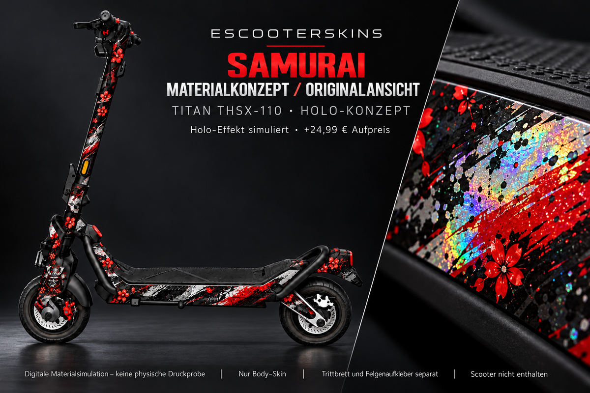 SAMURAI – Holo-Effekt simuliert; +24,99 EUR Aufpreis. Digitale Materialsimulation, keine physische Druckprobe. Nur Body-Skin; Trittbrett und Felgenaufkleber separat; Scooter nicht enthalten.