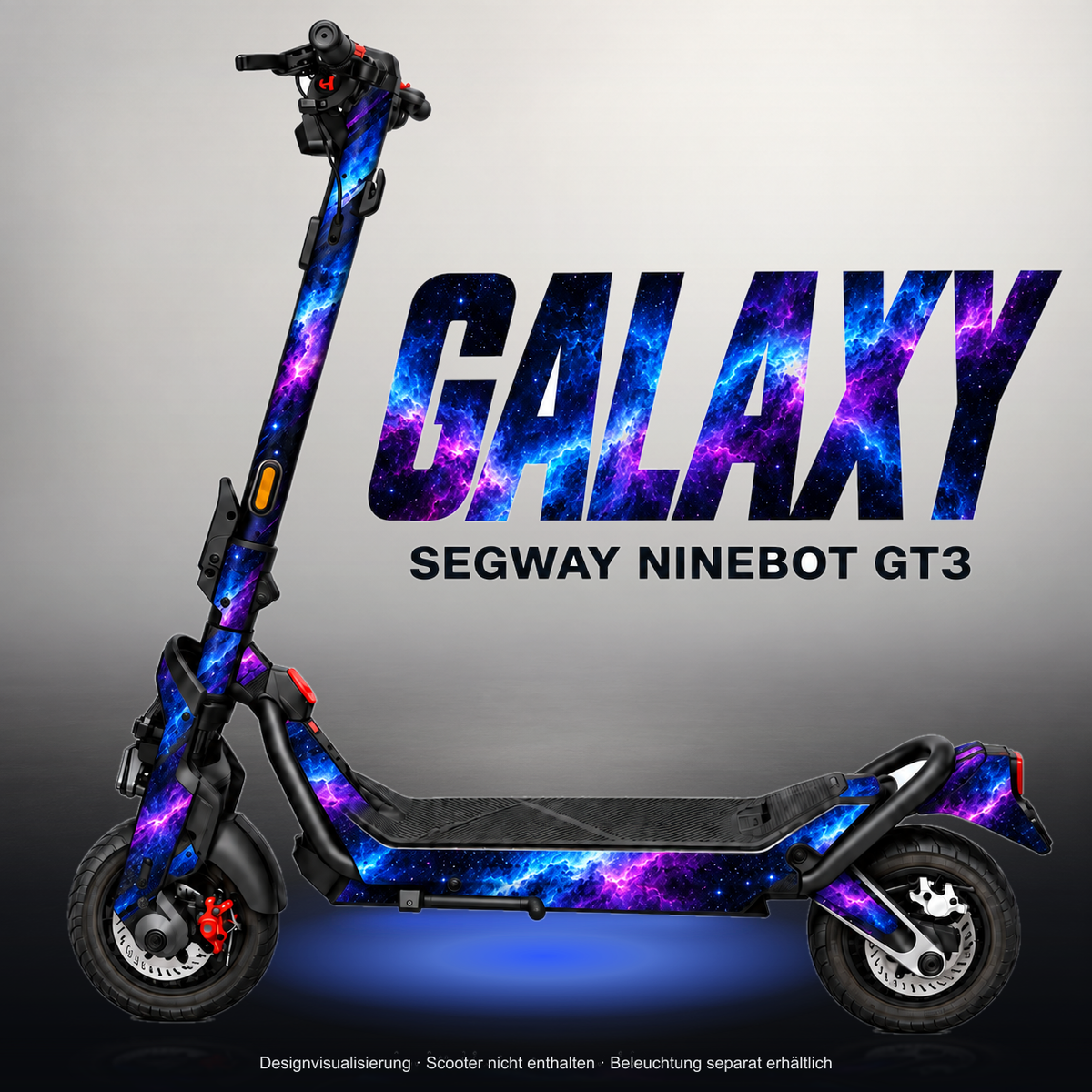 SEGWAY NINEBOT GT3 SKIN | GALAXY – Studiofoto mit Licht in der Skinfarbe; Scooter und Beleuchtung separat erhältlich