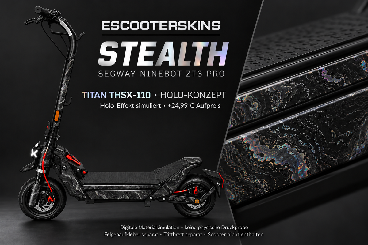 STEALTH · Holo-Effekt simuliert · +24,99 € Aufpreis · Digitale Materialsimulation, keine physische Druckprobe · Trittbrett und Felgenaufkleber separat · Scooter nicht enthalten