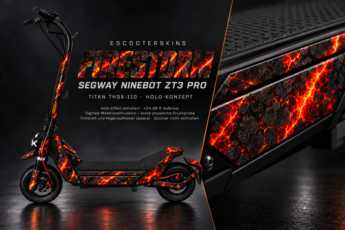 SEGWAY NINEBOT ZT3 PRO / ZT3 PRO D SKIN | FIRESTORM – Holo-Effekt simuliert; +24,99 EUR Aufpreis. Digitale Materialsimulation, keine physische Druckprobe. Nur Body-Skin; Trittbrett und Felgenaufkleber separat; Scooter nicht enthalten.