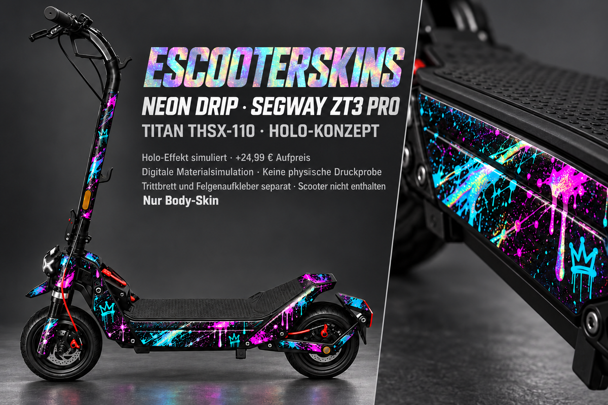 NEON DRIP – Holo-Effekt simuliert; +24,99 EUR Aufpreis. Digitale Materialsimulation, keine physische Druckprobe. Nur Body-Skin; Trittbrett und Felgenaufkleber separat; Scooter nicht enthalten.