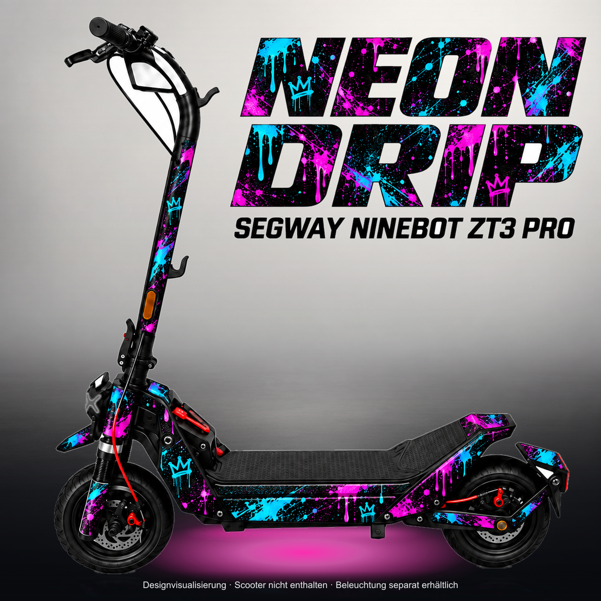 SEGWAY NINEBOT ZT3 PRO / ZT3 PRO D SKIN | NEON DRIP – Studiofoto mit Licht in der Skinfarbe; Scooter und Beleuchtung separat erhältlich