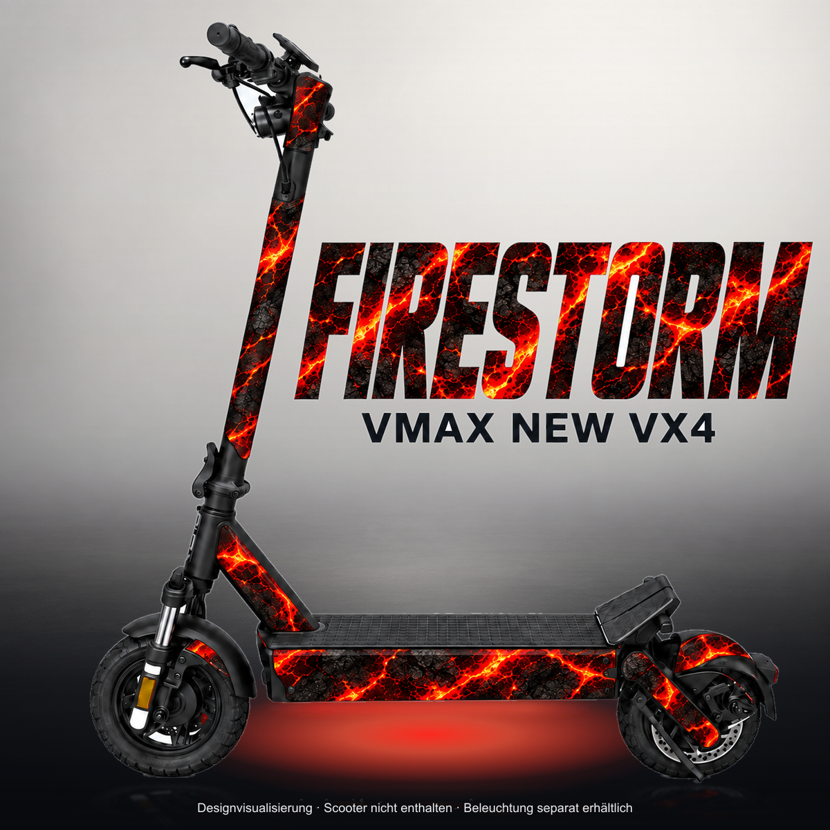 VMAX NEW VX4 SKIN | FIRESTORM – Studiofoto mit Licht in der Skinfarbe; Scooter und Beleuchtung separat erhältlich