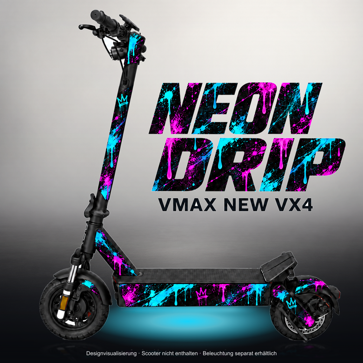 VMAX NEW VX4 SKIN | NEON DRIP – Studiofoto mit Licht in der Skinfarbe; Scooter und Beleuchtung separat erhältlich