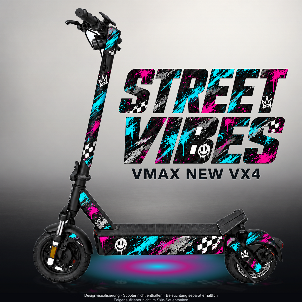 VMAX NEW VX4 SKIN | STREET VIBES – Designvisualisierung mit Licht in der Skinfarbe; Scooter nicht enthalten, Beleuchtung separat erhältlich
