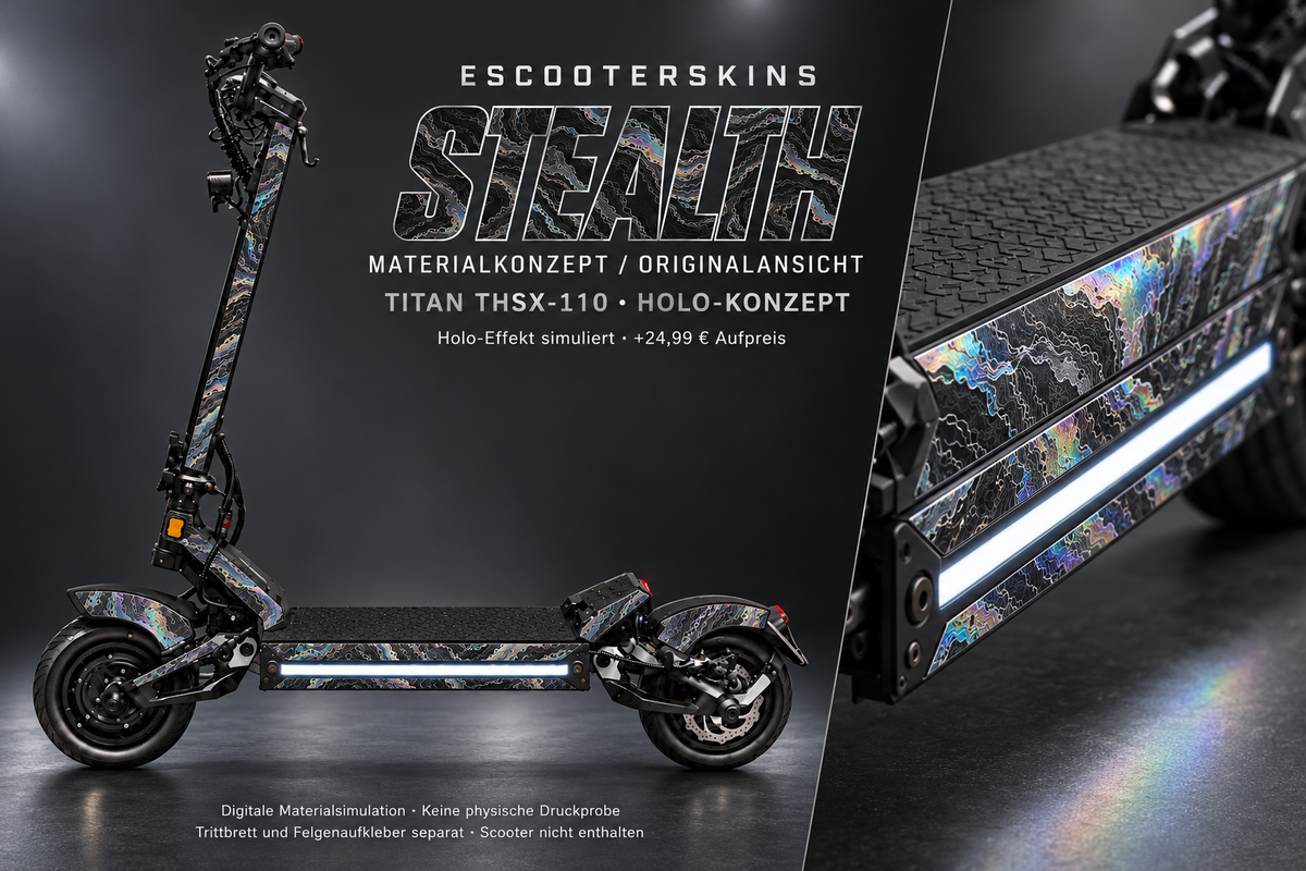 STEALTH · Holo-Effekt simuliert · +24,99 € Aufpreis · digitale Materialsimulation, keine physische Druckprobe; Trittbrett und Felgenaufkleber separat; Scooter nicht enthalten.