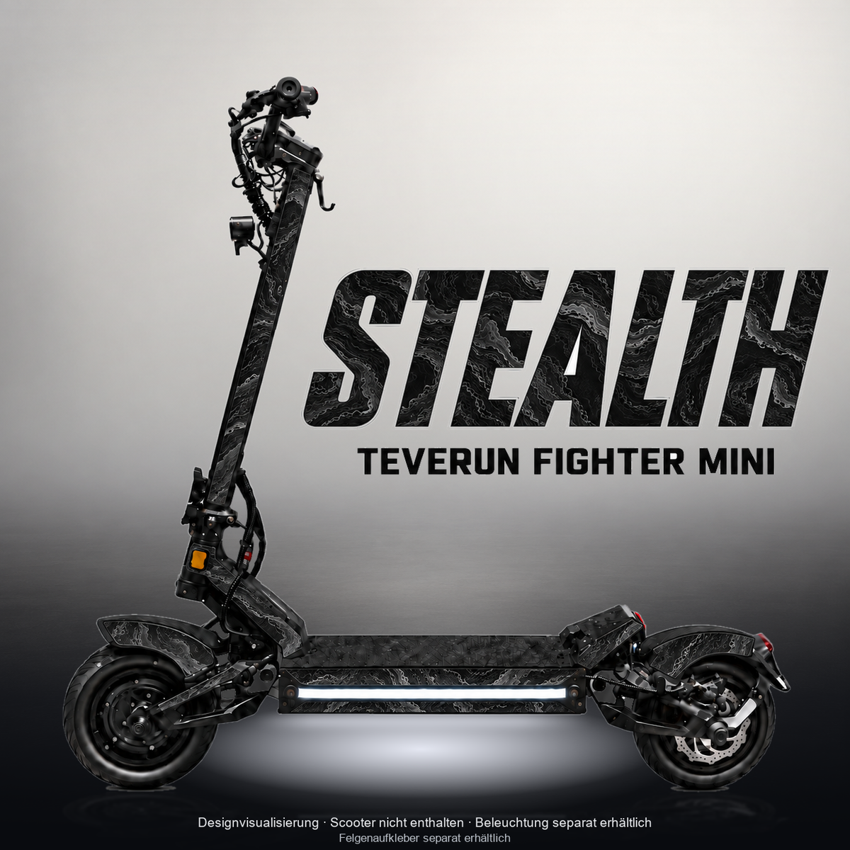 TEVERUN FIGHTER MINI / PRO SKIN | STEALTH – Designvisualisierung mit Licht in der Skinfarbe; Scooter nicht enthalten, Beleuchtung separat erhältlich