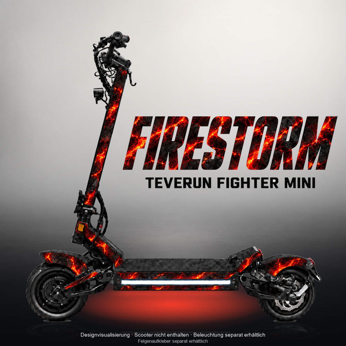 TEVERUN FIGHTER MINI / PRO SKIN | FIRESTORM – Designvisualisierung mit Licht in der Skinfarbe; Scooter nicht enthalten, Beleuchtung separat erhältlich