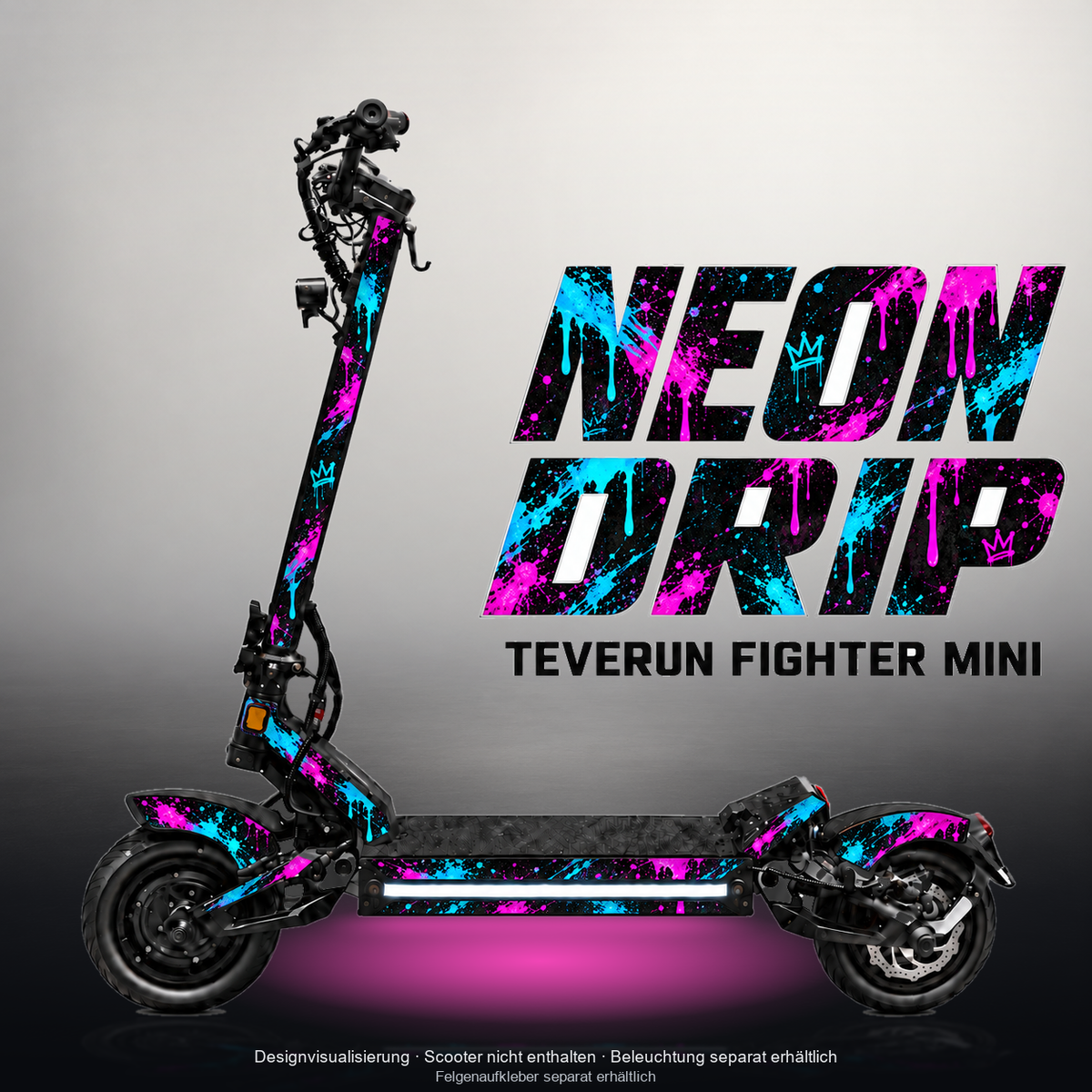 TEVERUN FIGHTER MINI / PRO SKIN | NEON DRIP – Designvisualisierung mit Licht in der Skinfarbe; Scooter nicht enthalten, Beleuchtung separat erhältlich