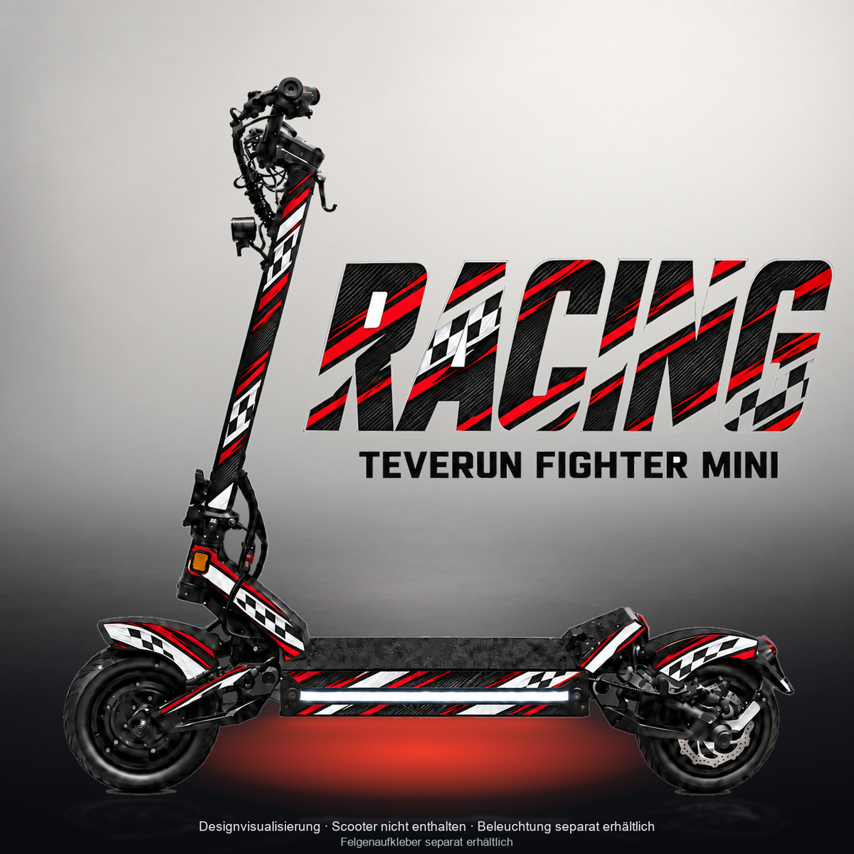 TEVERUN FIGHTER MINI / PRO SKIN | RACING – Designvisualisierung mit Licht in der Skinfarbe; Scooter nicht enthalten, Beleuchtung separat erhältlich
