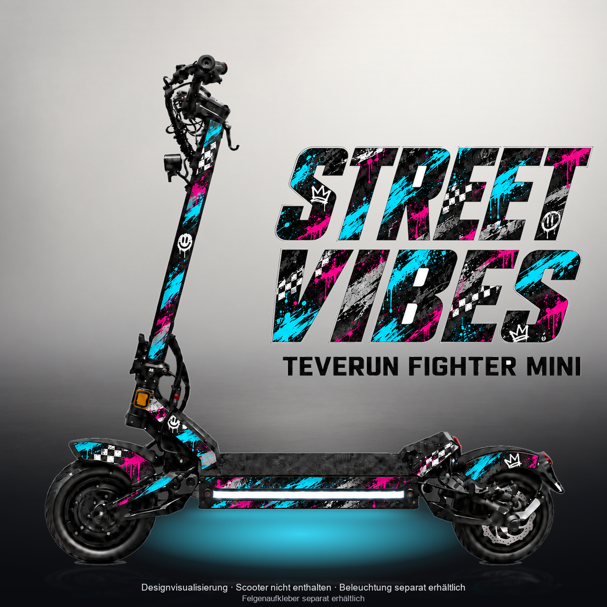 TEVERUN FIGHTER MINI / PRO SKIN | STREET VIBES – Designvisualisierung mit Licht in der Skinfarbe; Scooter nicht enthalten, Beleuchtung separat erhältlich