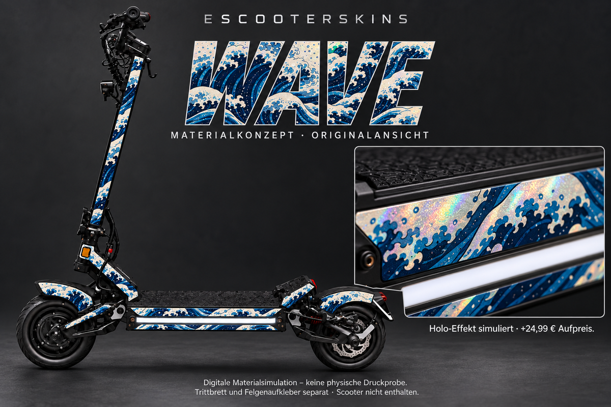 WAVE · Holo-Effekt simuliert · +24,99 € Aufpreis · digitale Materialsimulation, keine physische Druckprobe; Trittbrett und Felgenaufkleber separat; Scooter nicht enthalten.