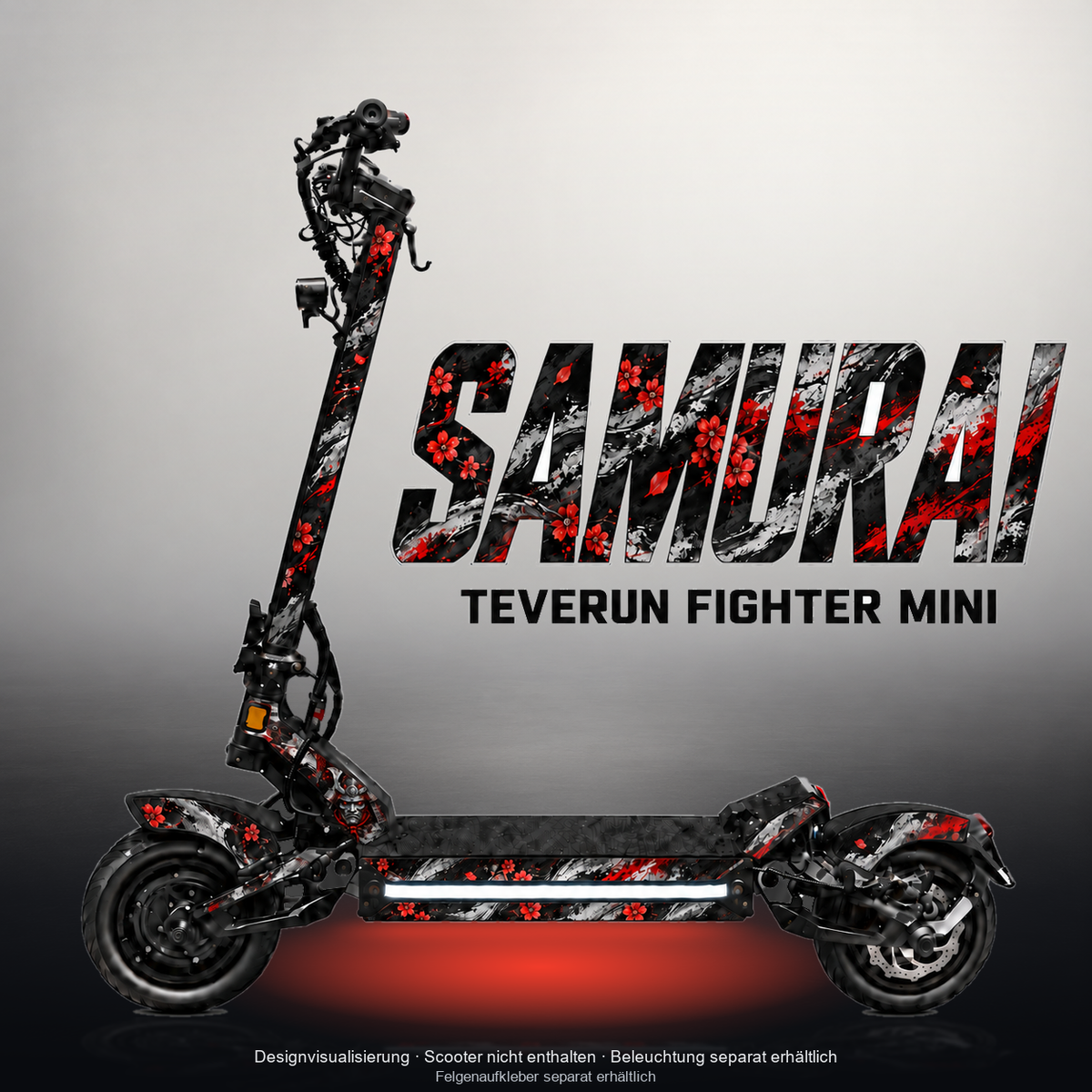 TEVERUN FIGHTER MINI / PRO SKIN | SAMURAI – Designvisualisierung mit Licht in der Skinfarbe; Scooter nicht enthalten, Beleuchtung separat erhältlich
