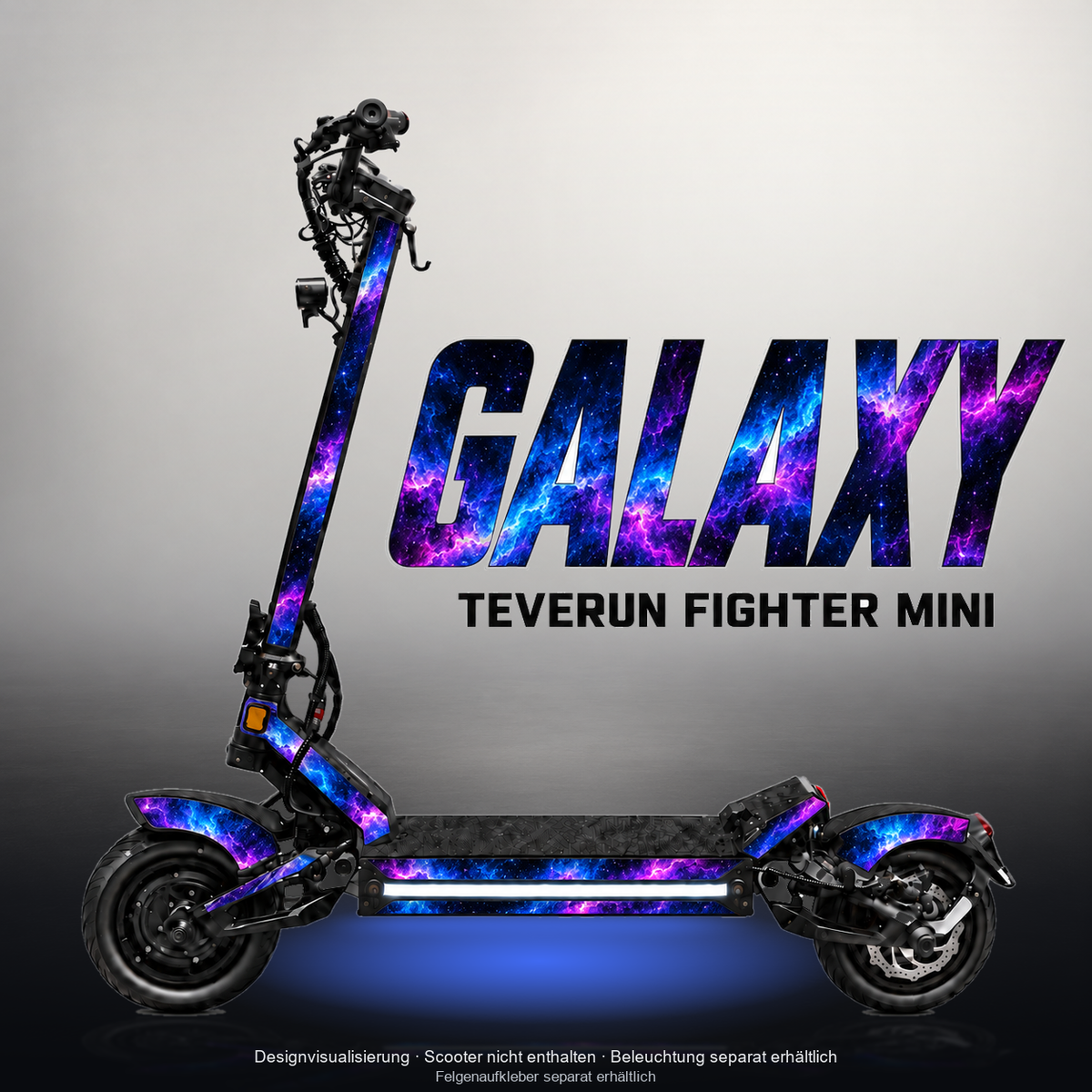 TEVERUN FIGHTER MINI / PRO SKIN | GALAXY – Designvisualisierung mit Licht in der Skinfarbe; Scooter nicht enthalten, Beleuchtung separat erhältlich