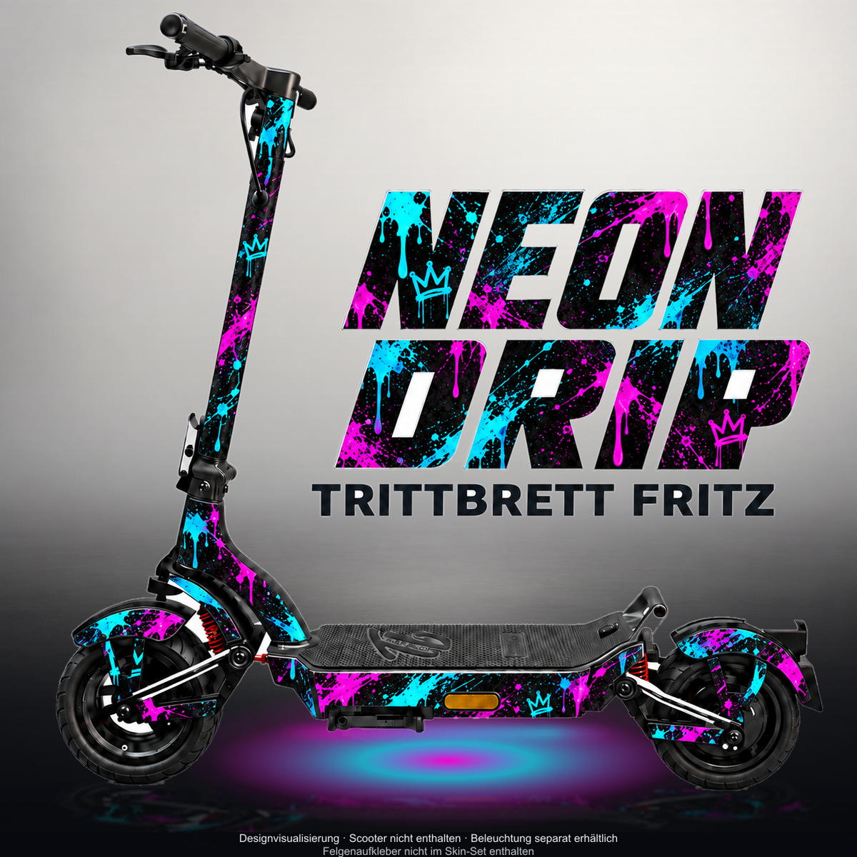 TRITTBRETT FRITZ SKIN | NEON DRIP – Designvisualisierung mit Licht in der Skinfarbe; Scooter nicht enthalten, Beleuchtung separat erhältlich