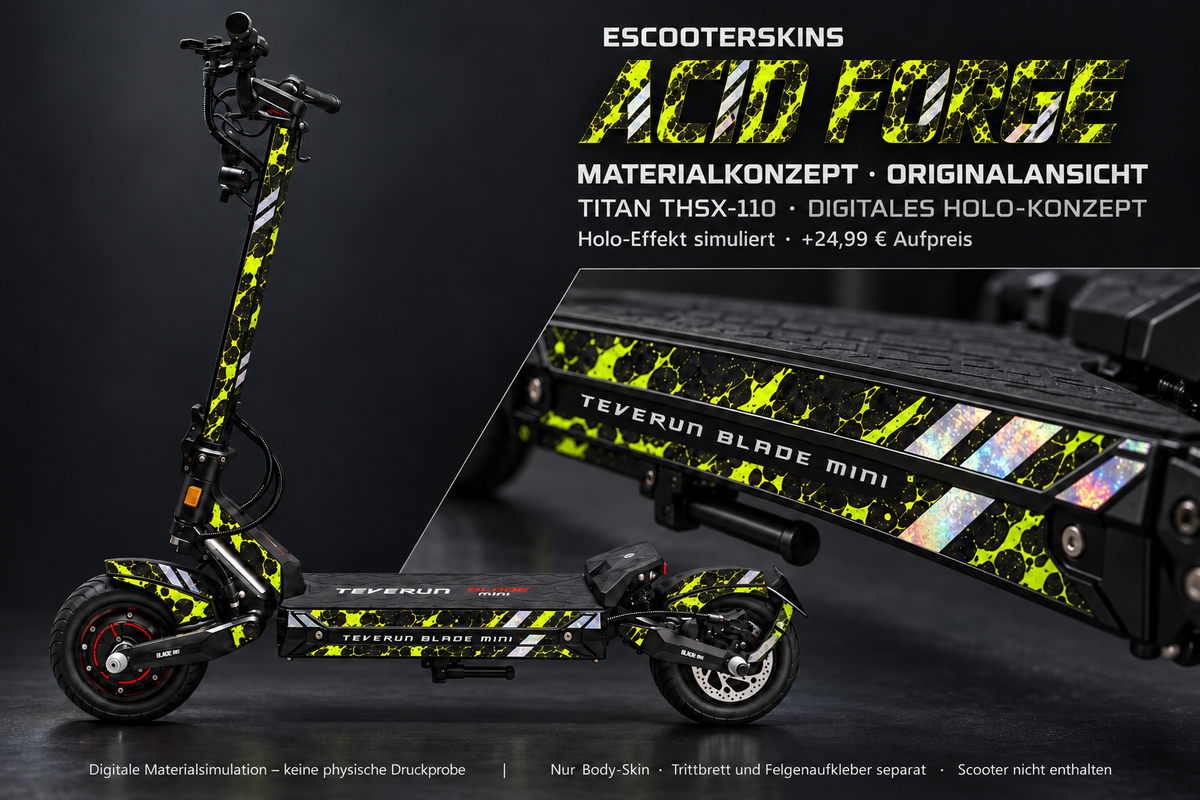 ACID FORGE · Holo-Effekt simuliert · +24,99 € Aufpreis · Digitale Materialsimulation, keine physische Druckprobe · Trittbrett und Felgenaufkleber separat · Scooter nicht enthalten