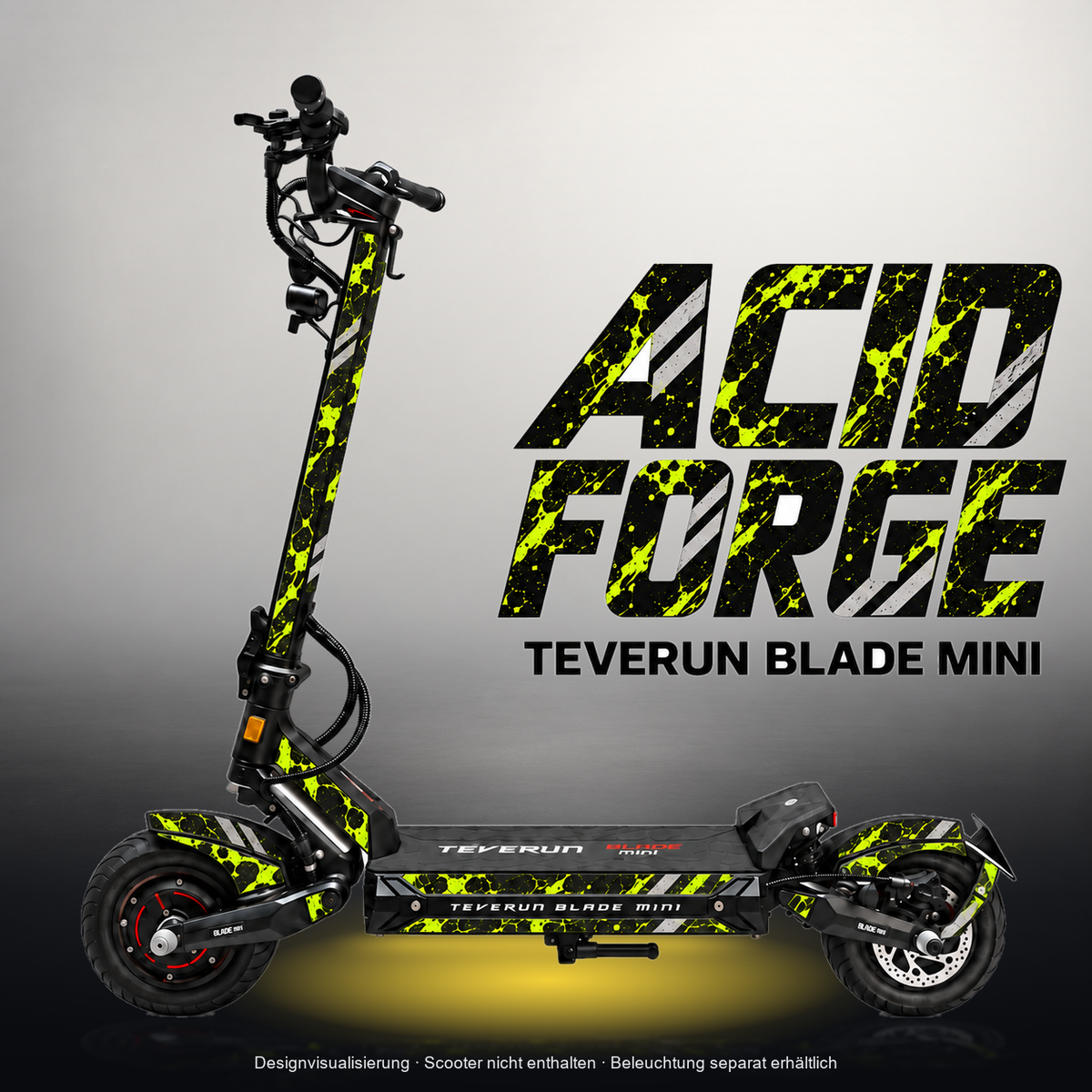 TEVERUN BLADE MINI / PRO / ULTRA SKIN | ACID FORGE – Studiofoto mit Licht in der Skinfarbe; Scooter und Beleuchtung separat erhältlich