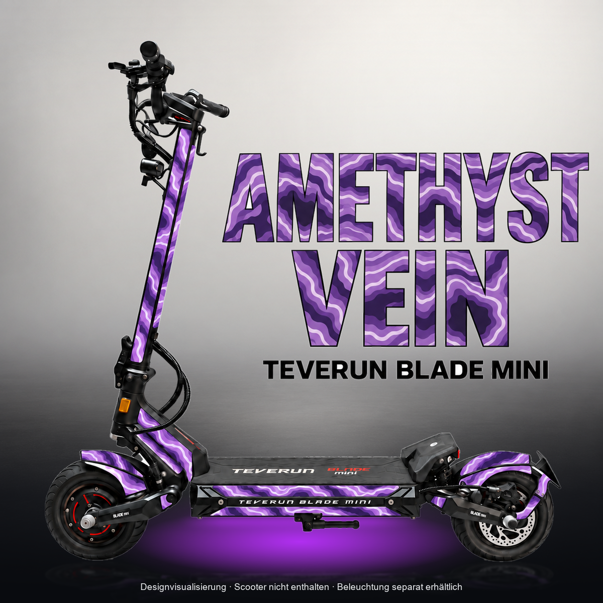 TEVERUN BLADE MINI / PRO / ULTRA SKIN | AMETHYST VEIN – Studiofoto mit Licht in der Skinfarbe; Scooter und Beleuchtung separat erhältlich