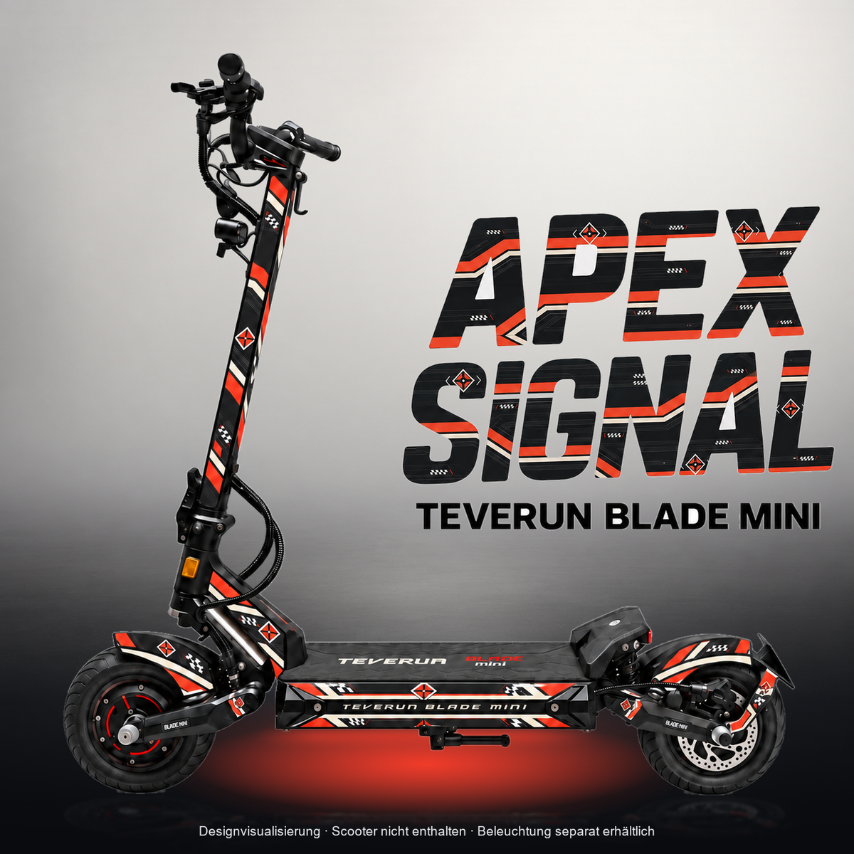 TEVERUN BLADE MINI / PRO / ULTRA SKIN | APEX SIGNAL – Studiofoto mit Licht in der Skinfarbe; Scooter und Beleuchtung separat erhältlich