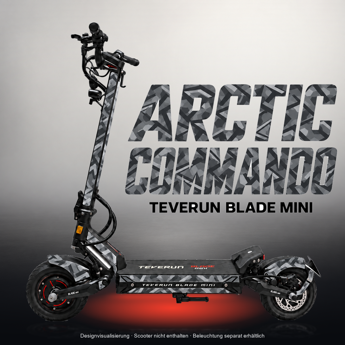TEVERUN BLADE MINI / PRO / ULTRA SKIN | ARCTIC COMMANDO – Studiofoto mit Licht in der Skinfarbe; Scooter und Beleuchtung separat erhältlich