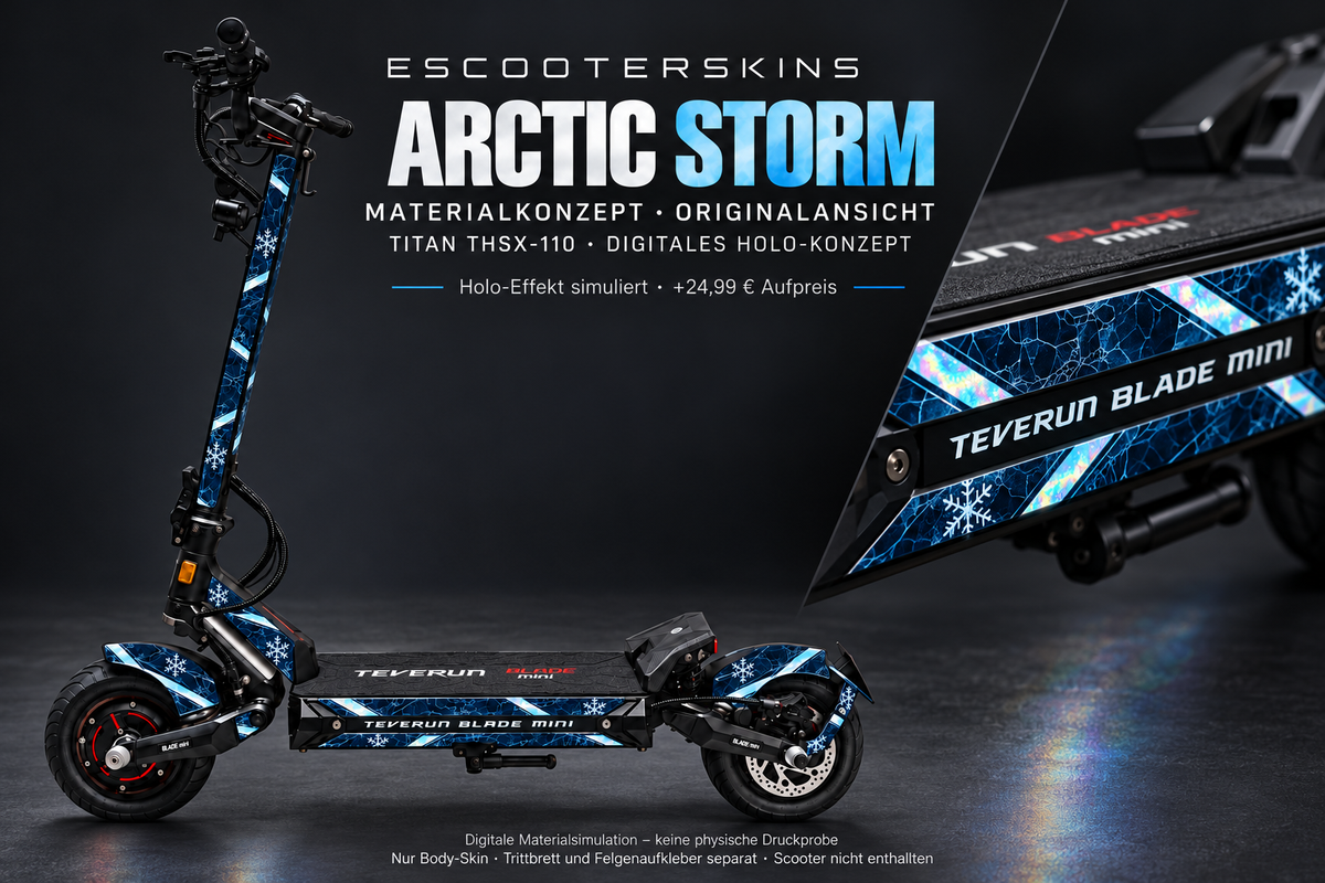ARCTIC STORM · Holo-Effekt simuliert · +24,99 € Aufpreis · Digitale Materialsimulation, keine physische Druckprobe · Trittbrett und Felgenaufkleber separat · Scooter nicht enthalten