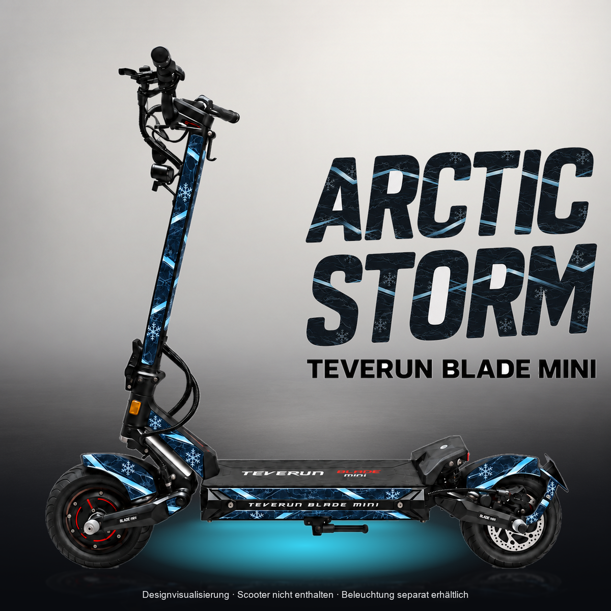 TEVERUN BLADE MINI / PRO / ULTRA SKIN | ARCTIC STORM – Studiofoto mit Licht in der Skinfarbe; Scooter und Beleuchtung separat erhältlich