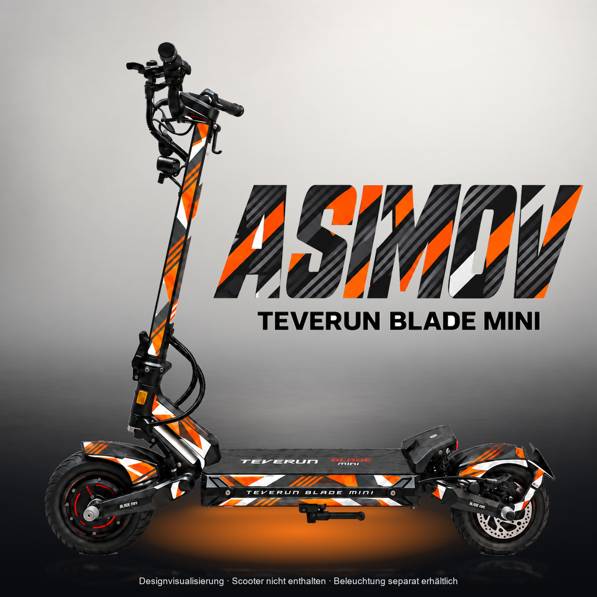 TEVERUN BLADE MINI / PRO / ULTRA SKIN | ASIMOV – Studiofoto mit Licht in der Skinfarbe; Scooter und Beleuchtung separat erhältlich