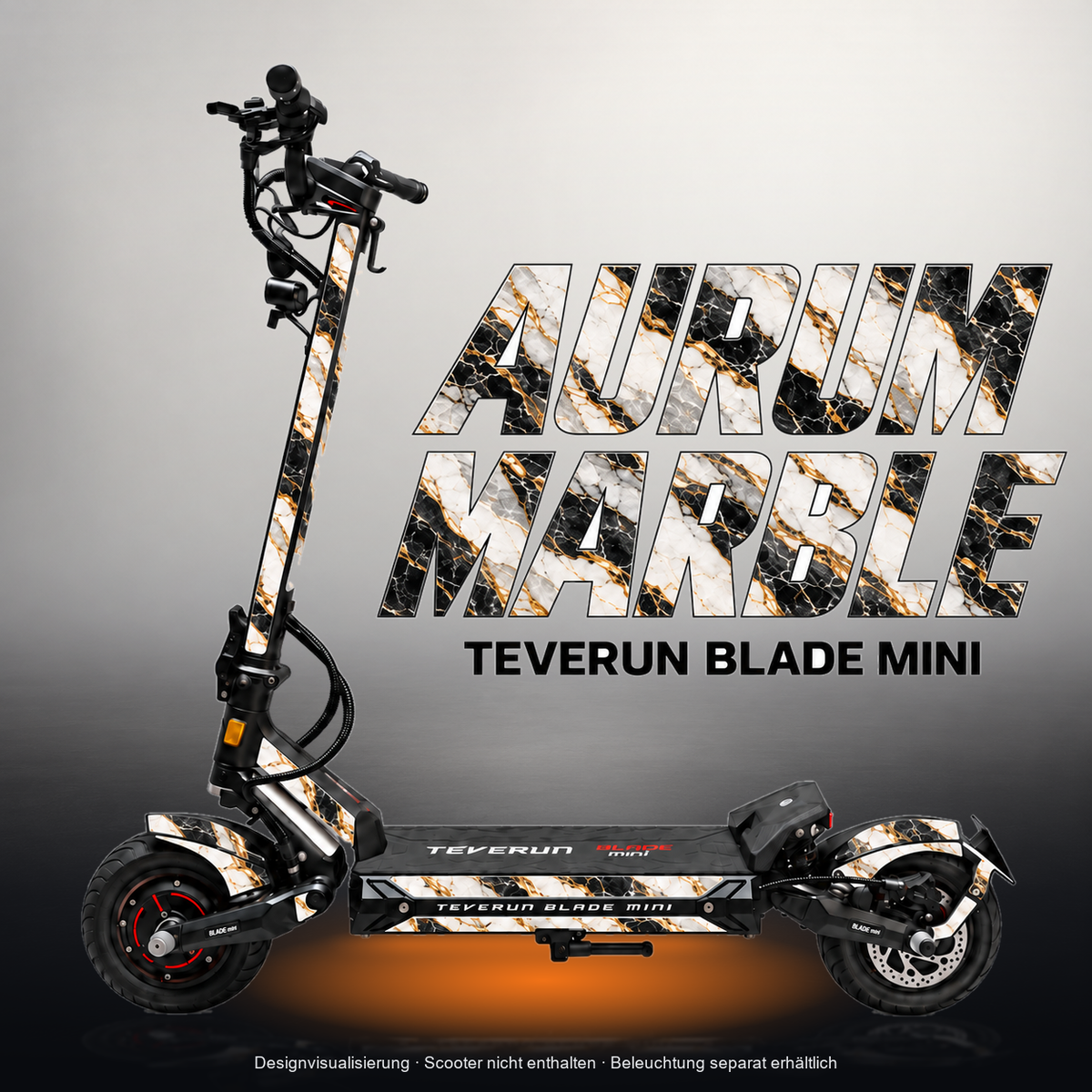 TEVERUN BLADE MINI / PRO / ULTRA SKIN | AURUM MARBLE – Studiofoto mit Licht in der Skinfarbe; Scooter und Beleuchtung separat erhältlich