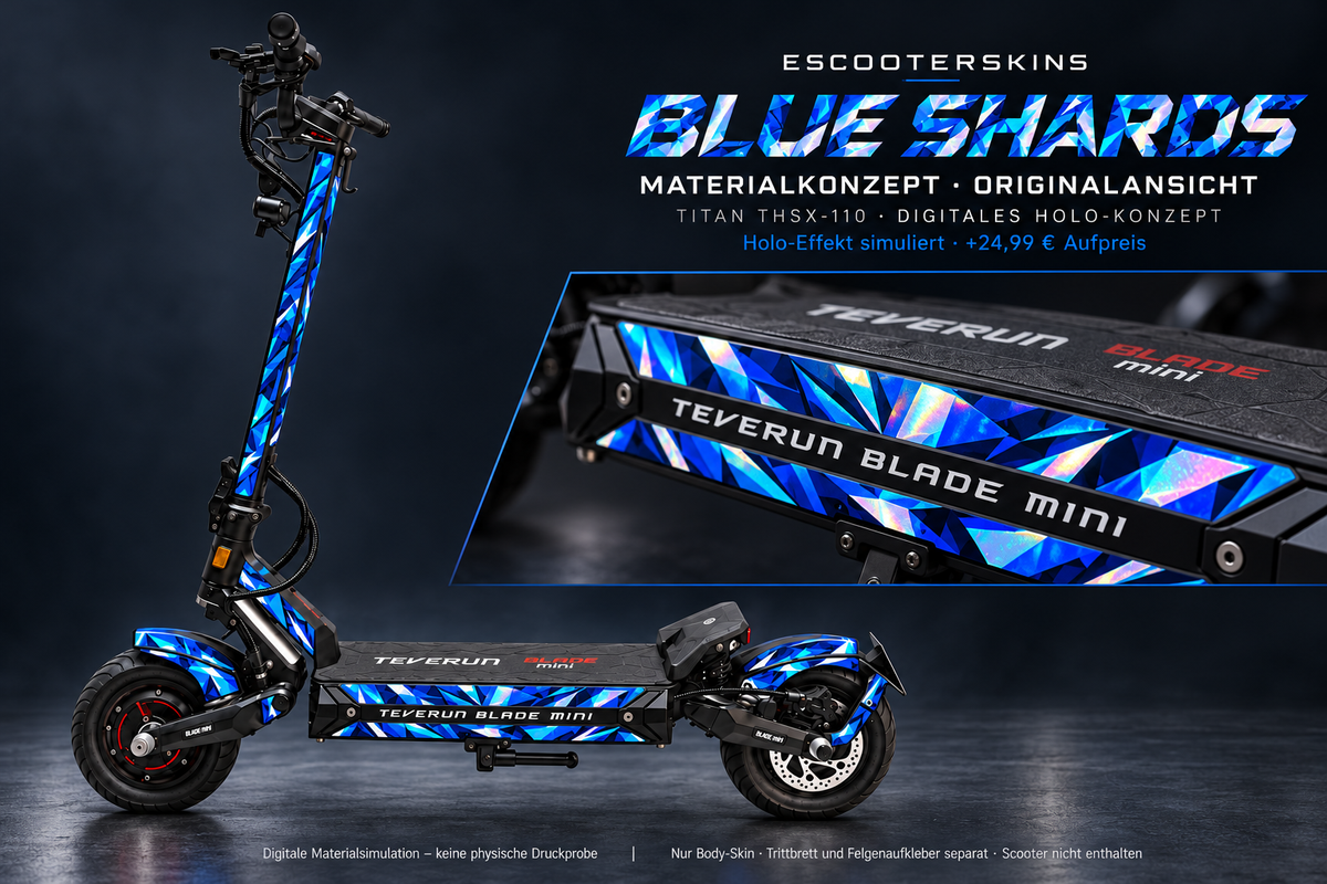 BLUE SHARDS · Holo-Effekt simuliert · +24,99 € Aufpreis · Digitale Materialsimulation, keine physische Druckprobe · Trittbrett und Felgenaufkleber separat · Scooter nicht enthalten
