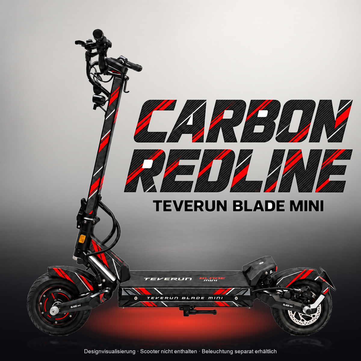 TEVERUN BLADE MINI / PRO / ULTRA SKIN | CARBON REDLINE – Designvisualisierung mit Licht in der Skinfarbe; Scooter nicht enthalten, Beleuchtung separat erhältlich