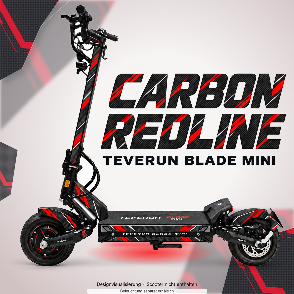 TEVERUN BLADE MINI / PRO / ULTRA SKIN | CARBON REDLINE – Designvisualisierung mit optionalem Lichteffekt. Beleuchtung und Reifenaufkleber separat erhältlich. Scooter nicht enthalten.