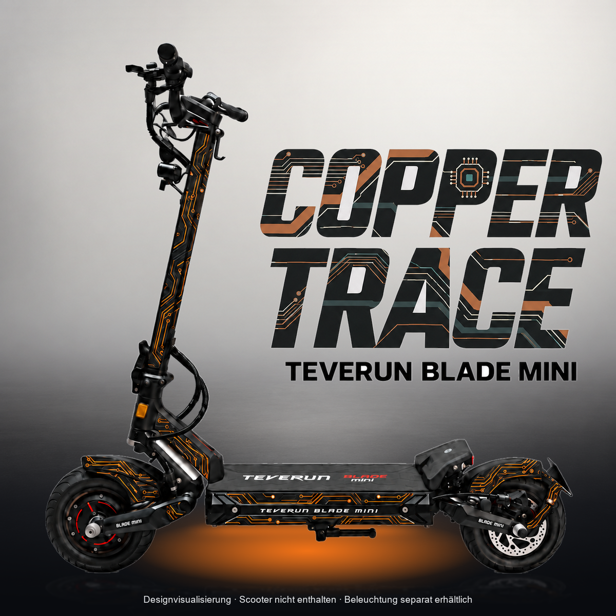 TEVERUN BLADE MINI / PRO / ULTRA SKIN | COPPER TRACE – Designvisualisierung mit Licht in der Skinfarbe; Scooter nicht enthalten, Beleuchtung separat erhältlich