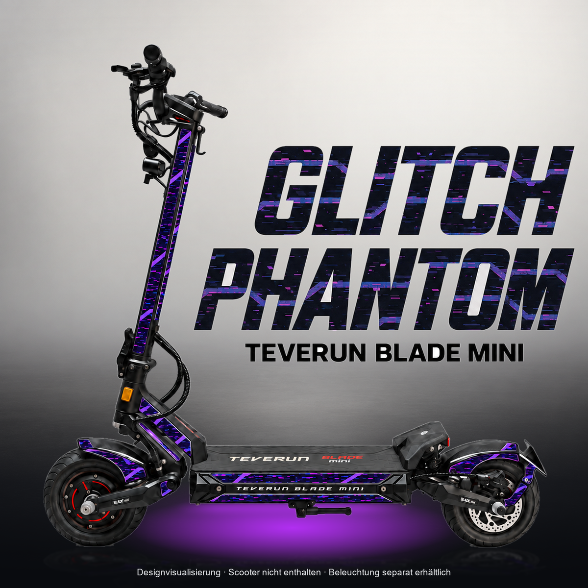 TEVERUN BLADE MINI / PRO / ULTRA SKIN | GLITCH PHANTOM – Designvisualisierung mit Licht in der Skinfarbe; Scooter nicht enthalten, Beleuchtung separat erhältlich