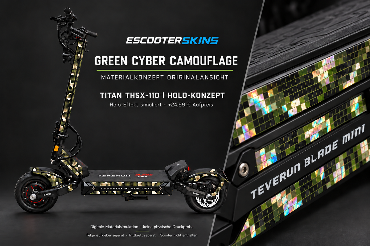 GREEN CYBER CAMOUFLAGE · Holo-Effekt simuliert · +24,99 € Aufpreis · Digitale Materialsimulation, keine physische Druckprobe · Trittbrett und Felgenaufkleber separat · Scooter nicht enthalten