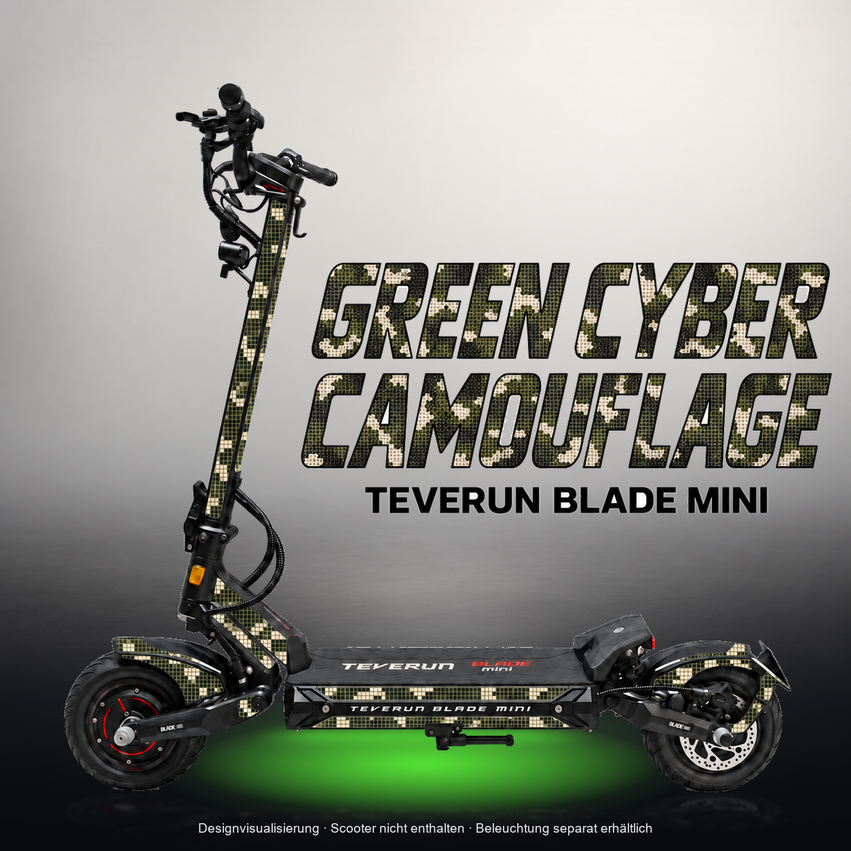 TEVERUN BLADE MINI / PRO / ULTRA SKIN | GREEN CYBER CAMOUFLAGE – Designvisualisierung mit Licht in der Skinfarbe; Scooter nicht enthalten, Beleuchtung separat erhältlich