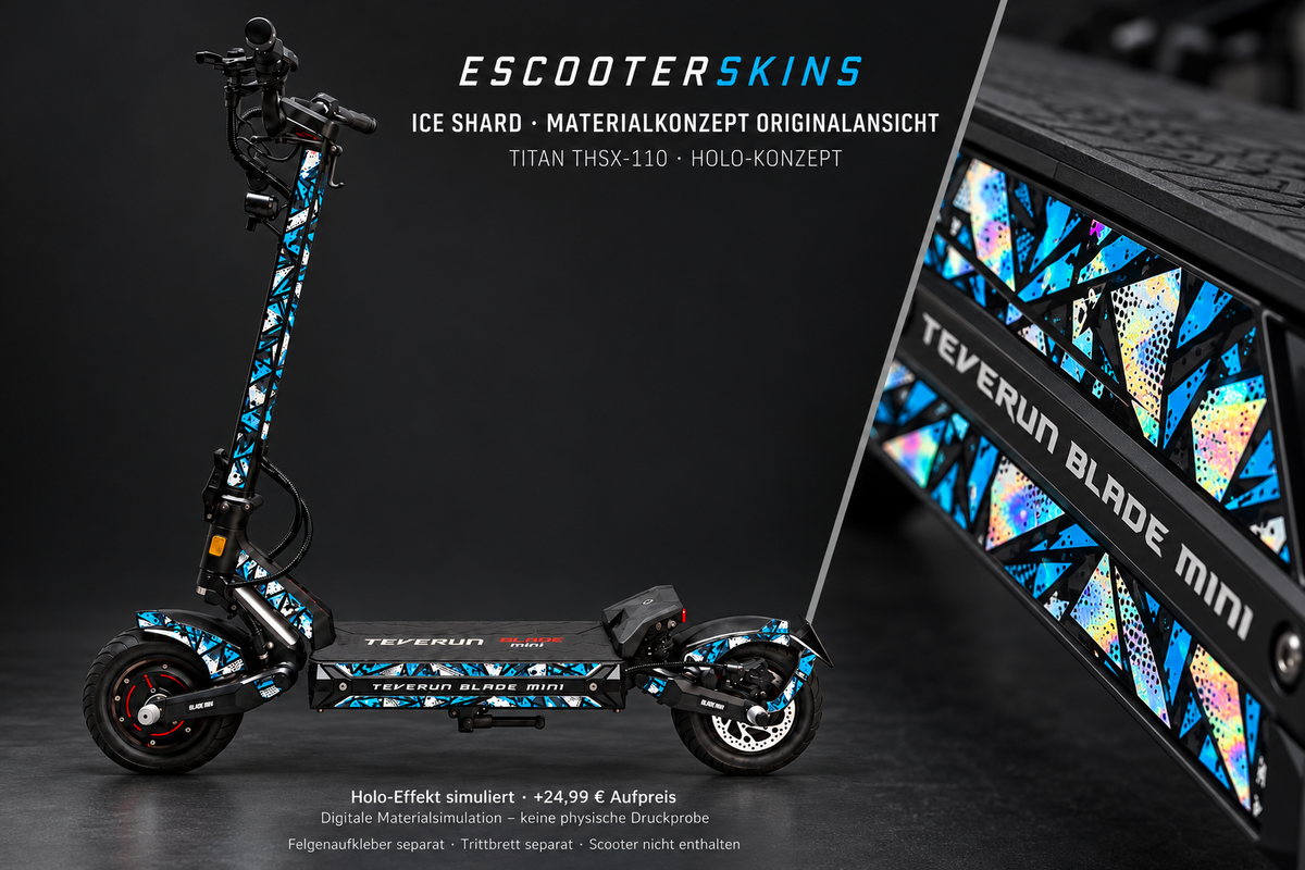 ICE SHARD · Holo-Effekt simuliert · +24,99 € Aufpreis · Digitale Materialsimulation, keine physische Druckprobe · Trittbrett und Felgenaufkleber separat · Scooter nicht enthalten