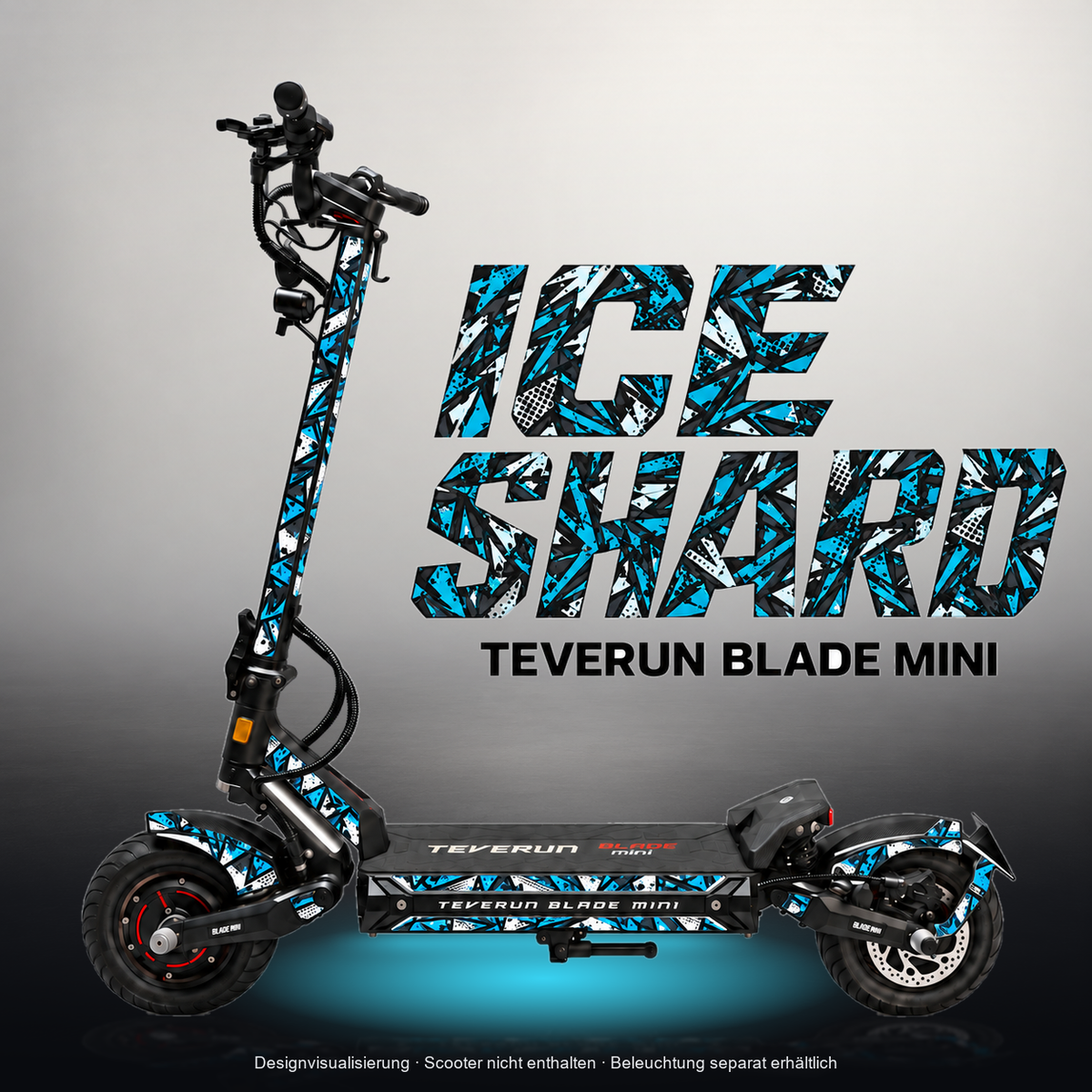 TEVERUN BLADE MINI / PRO / ULTRA SKIN | ICE SHARD – Designvisualisierung mit Licht in der Skinfarbe; Scooter nicht enthalten, Beleuchtung separat erhältlich